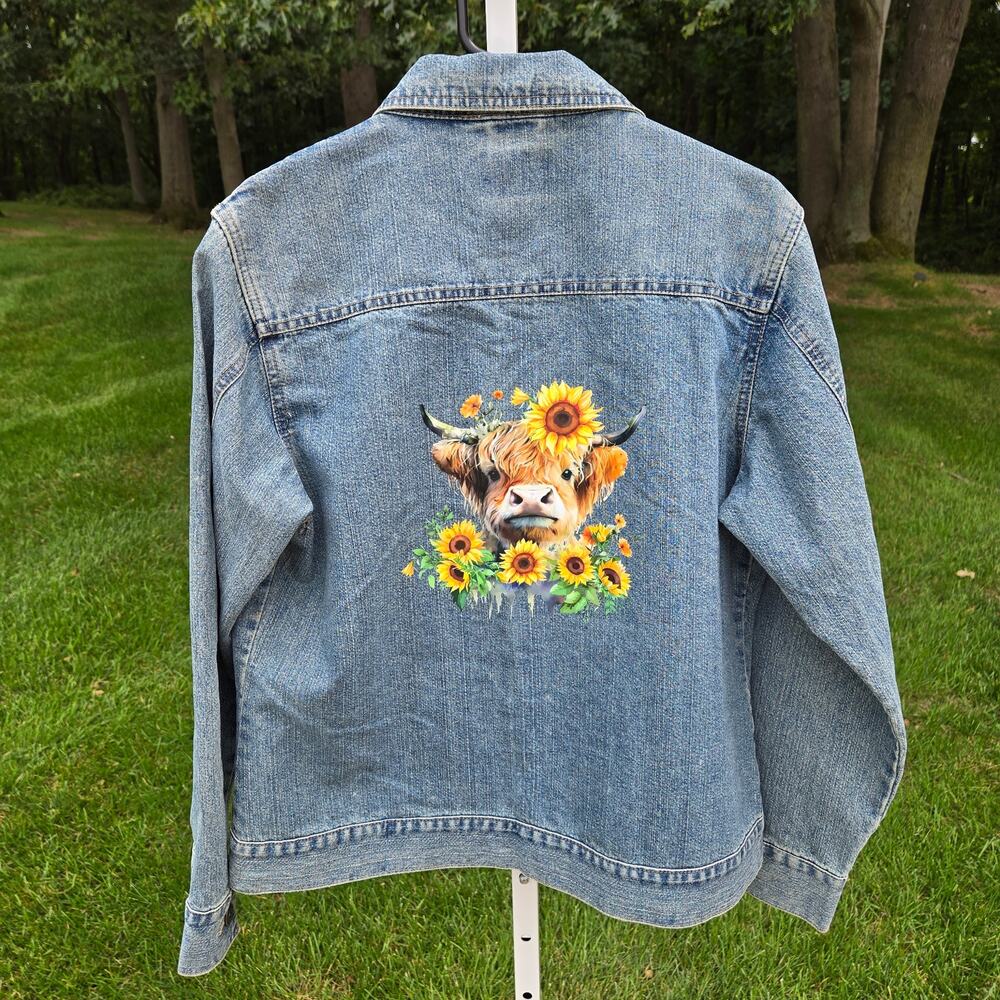 Cabela's Upcycled Denim Jacket Highland Cow Flowers and Butterfly size Medium